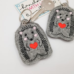 Hedgehog felt pendant grey embroidered, keyring lucky charm pocket dangler, gift autumn
