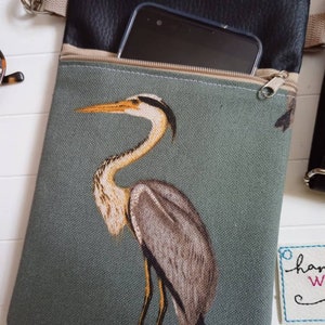 Crossbody Bag Heron Canvas Fabric Black Faux Leather with 2 Zippered Compartments Shoulder Bag, Cell Phone Pocket image 6