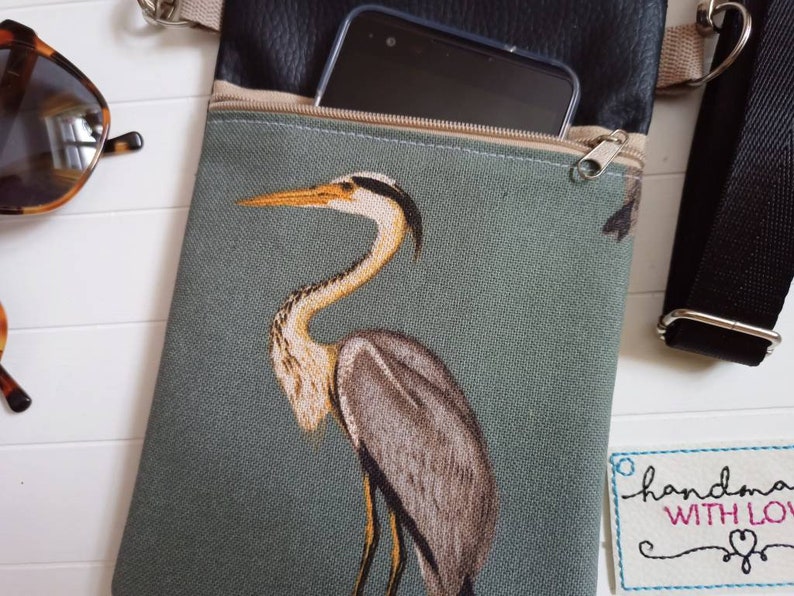 Crossbody Bag Heron Canvas Fabric Black Faux Leather with 2 Zippered Compartments Shoulder Bag, Cell Phone Pocket image 6