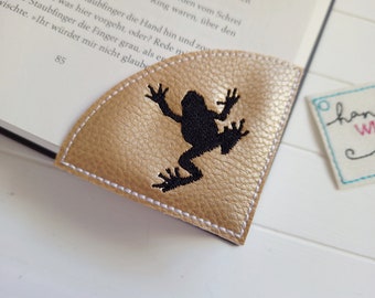 Frog corner bookmark embroidered vegan faux leather in gold reading corner gift bookworm bookworm