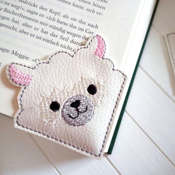 Alpaca Lama Corner Bookmark, Faux Leather Embroidered, Reading Corner