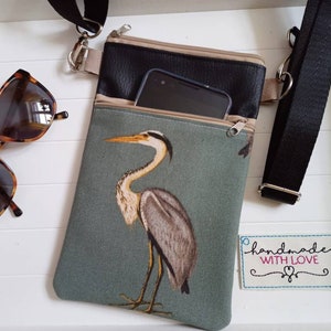 Crossbody Bag Heron Canvas Fabric Black Faux Leather with 2 Zippered Compartments Shoulder Bag, Cell Phone Pocket image 4