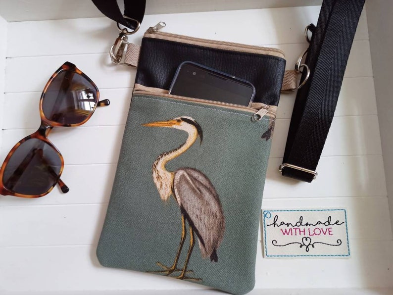 Crossbody Bag Heron Canvas Fabric Black Faux Leather with 2 Zippered Compartments Shoulder Bag, Cell Phone Pocket image 4