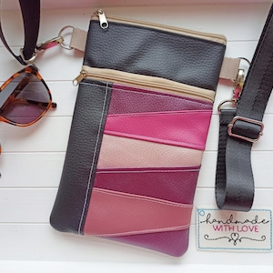Umhängetasche Patchwork Kunstleder rosa lila schwarz mit 2 Fächern,kleine Handtasche Schultertasche, Handytasche zum Umhängen
