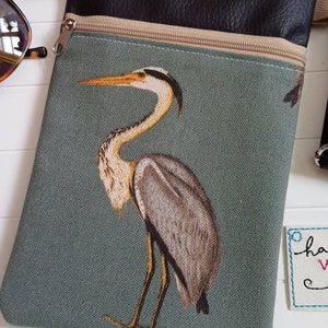 Crossbody Bag Heron Canvas Fabric Black Faux Leather with 2 Zippered Compartments Shoulder Bag, Cell Phone Pocket image 3