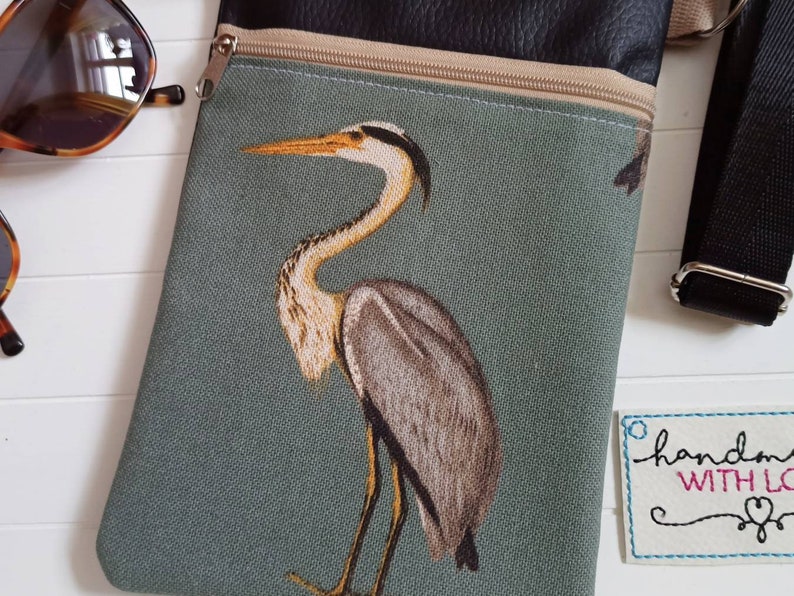 Crossbody Bag Heron Canvas Fabric Black Faux Leather with 2 Zippered Compartments Shoulder Bag, Cell Phone Pocket image 3