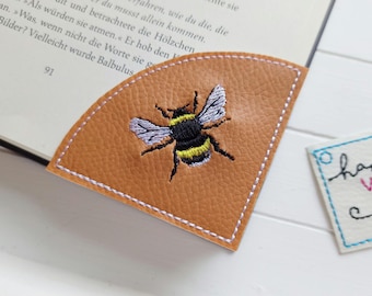 Bookmark with embroidered bumblebee design, reading corner faux leather vegan brown, beekeeper