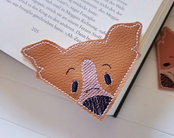 Dog corner bookmark faux leather vegan embroidered, reading corner gift school enrollment bookworm bookworm