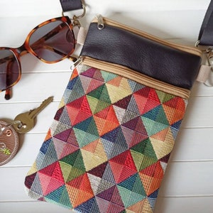 Kleine Festival Tasche bunt, aus Kunstleder und Gobelin Stoff mit 2 Fächern, Umhängetasche, Schultertasche, Handytasche zum Umhängen