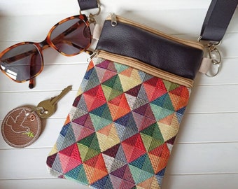 Petit sac de festival coloré, en cuir artificiel et tissu tapisserie avec 2 compartiments, sac à bandoulière, sac à bandoulière, poche pour téléphone portable