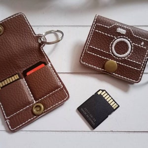 SD card case for 2 memory cards embroidered on brown imitation leather, camera gift photographer keychain