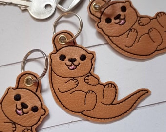 Otter keychain embroidered on light brown faux leather, pendant backpack bag tree gift
