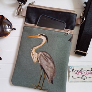 Crossbody Bag Heron Canvas Fabric Black Faux Leather with 2 Zippered Compartments Shoulder Bag, Cell Phone Pocket image 7