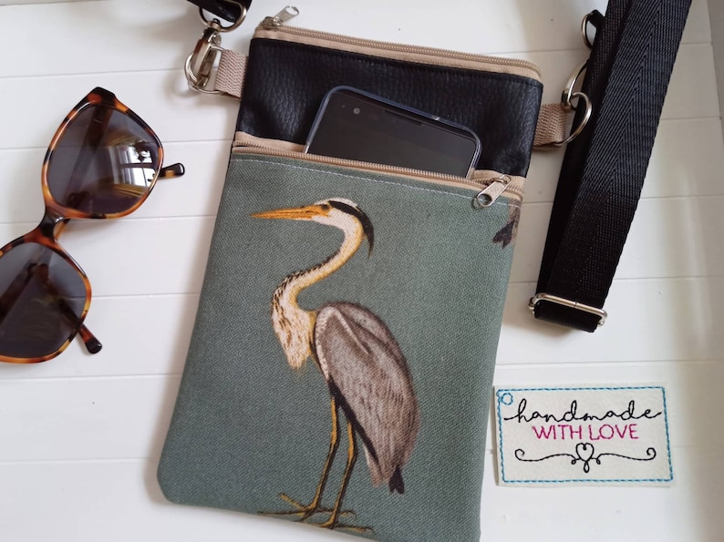 Crossbody Bag Heron Canvas Fabric Black Faux Leather with 2 Zippered Compartments Shoulder Bag, Cell Phone Pocket image 7