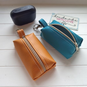 Kopfhörer Tasche aus Kunstleder genäht, Schlüsselanhänger Tasche, USB Tasche Etui braun petrol
