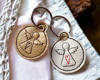 Set of 2 mini guardian angel keyrings embroidered on imitation leather, pendant backpack bag charm gift driving license New Year