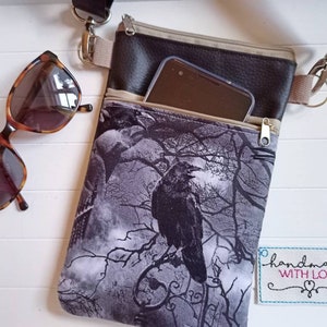 Shoulder bag raven fabric and black faux leather 2 zipper compartments mobile phone bag for hanging around the gothic style