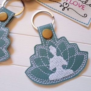 Yoga keychain mint embroidered on faux leather, pocket dangle backpack pendant gift meditation