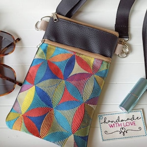 Bunte Festival Tasche, Kunstleder und Gobelin Stoff, 2 Reissverschluss Fächer, Umhängetasche, Schultertasche, Handytasche zum Umhängen