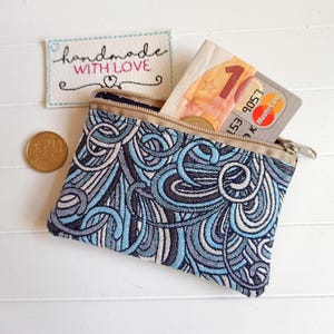 Kleine Geldbörse blaue Swirls, Gobelin Stoff petrol und Kunstleder Geldbeutel, Kartentasche, Kopfhörer, Reisegeldbeutel, Tampontasche