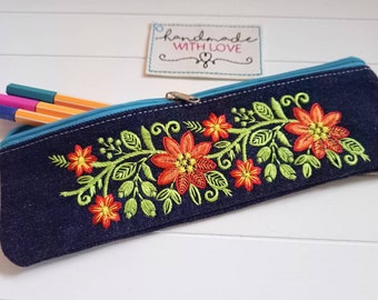 Narrow pencil case upcycled jeans embroidered and cotton fabric for starting school or university, pencil case, pencil case, case