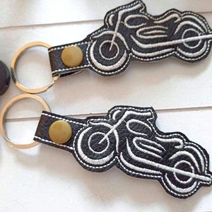 Motorcycle keychain with embroidery, black and white faux leather, backpack charm for bikers for Father's Day
