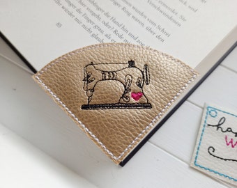 Corner bookmark sewing machine embroidered vegan faux leather for sewing book in gold reading corner bookworm bookworm gift sewing