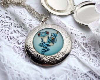 Amulett Medaillon Frosch für Foto zum Aufklappen mit Kette silber