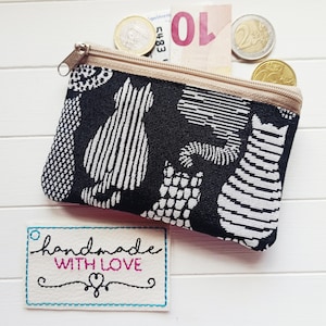 Mini Geldbeutel Katzen Stoff und Kunstleder schwarz weiß, Geldbörse Kartentasche, Kopfhörer Tasche, Reisegeldbeutel, Tampontasche
