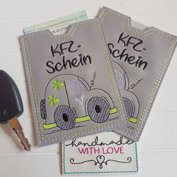 Fahrzeugschein Hülle, Kfz Schein Etui graues Kunstleder bestickt