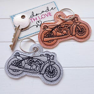 Motorcycle keychain embroidered, faux leather copper silver, backpack pendant biker