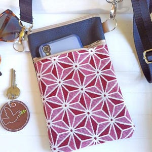 Kleine Crossbody Bag Japan Stern, 2 Reissverschluss Fächer, Kunstleder Gobelin Stoff, Festival Schultertasche, Handytasche zum Umhängen