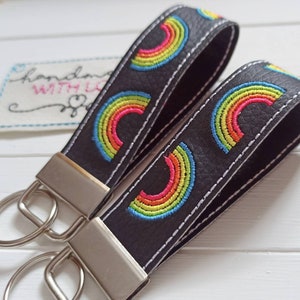 Lanyard rainbow embroidered faux leather black, vegan key ring gift Easter