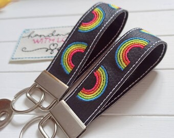 Rainbow embroidered lanyard, black faux leather, key ring