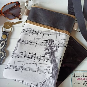Crossbody Bag Musik Kunstleder und Canvas mit 2 Reissverschluss Fächern Umhängetasche, Handytasche Schultertasche, Geschenk Musiker