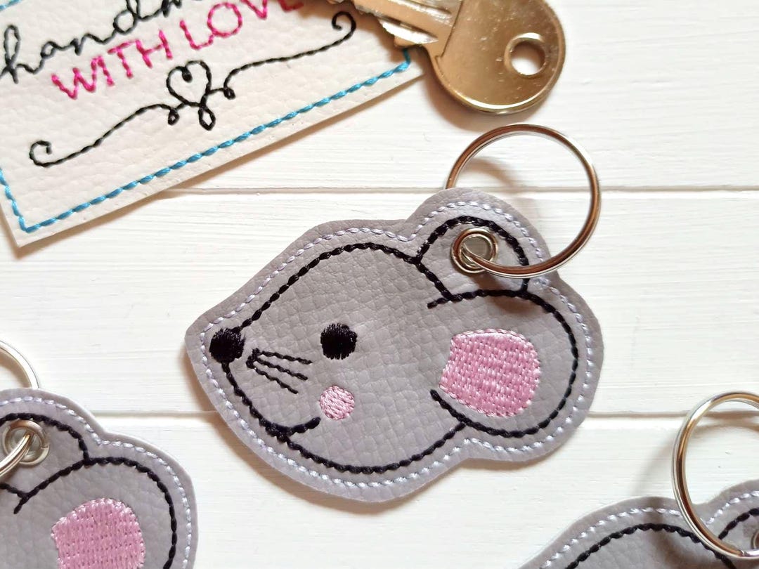 Keychain Computer Mouse Mouse Keychain With Embroidery, Grey Faux Leather, Backpack Charm, Bag ...