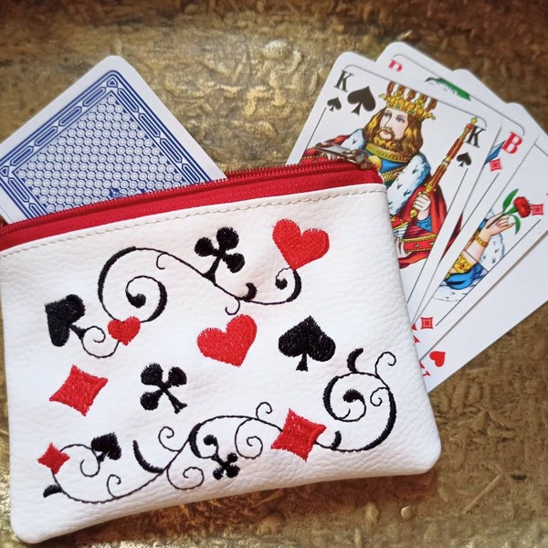 Spielkarten Etui Skat Poker Doppelkopf Kunstleder gestickt, Tasche Hülle, Geschenk