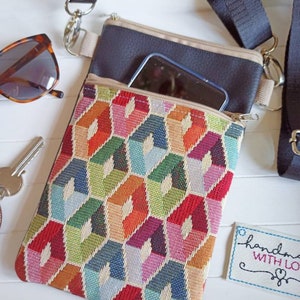 Kleine Umhängetasche bunt aus Gobelin und Kunstleder 2 Reissverschluss Fächer, Festival Schultertasche, Handytasche zum Umhängen