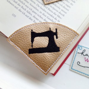 Sewing machine bookmark embroidered vegan faux leather for sewing book in gold reading corner bookworm bookworm gift sewer