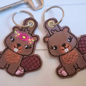 Embroidered beaver keychain pocket dangle on faux leather, pendant backpack gift