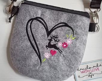 Small felt shoulder bag embroidered dirndl costume deer heart handbag gray flat shoulder bag, cell phone bag crossbody bag felt bag