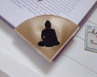 Eck Lesezeichen Buddha gestickt veganes Kunstleder gold Leseecke Geschenk Yoga Meditation Ostern