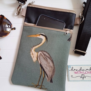 Crossbody Bag Heron Canvas Fabric Black Faux Leather with 2 Zipper Compartments Shoulder Bag, Mobile Phone Bag