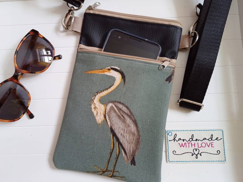 Crossbody Bag Heron Canvas Fabric Black Faux Leather with 2 Zippered Compartments Shoulder Bag, Cell Phone Pocket image 1