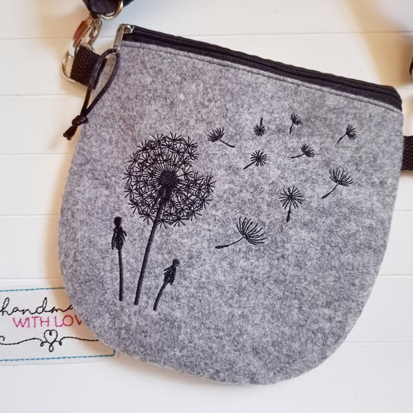 Small shoulder bag dandelion felt embroidered handbag grey flat shoulder bag dandelion cell phone bag crossbody bag felt bag