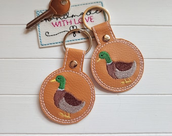 Mallard Duck Keychain, Embroidered, Brown Faux Leather, Bag Charm, Backpack Pendant for Mother's Day