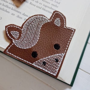Horse Corner Bookmark embroidered on faux leather, brown reading corner for horse lovers