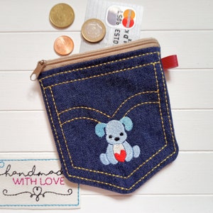 Geldbörse Jeans Hund bestickt blau Reissverschluss Tasche Geldbeutel Reisegeldbeutel Upcycling