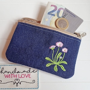 Mini Geldbeutel Gänseblümchen bestickt Jeans, Geldbörse Kartentasche, Kopfhörer, Reisegeldbeutel, Tampontasche Geschenk Muttertag