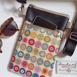 Bunte Umhängetasche Punkte, Gobelin Stoff und Kunstleder, mit 2 Fächern Crossbody, Schultertasche, Handytasche zum Umhängen